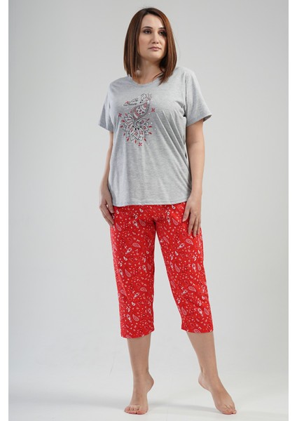 Pamuklu Kadın Büyük Beden Kısa Kol Kaprili Pijama Takım