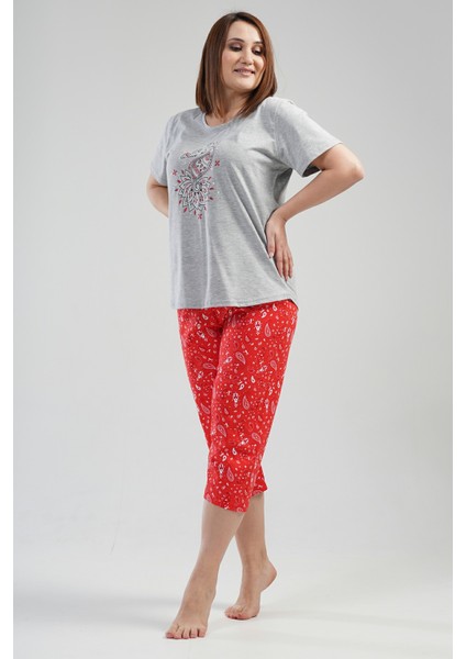 Pamuklu Kadın Büyük Beden Kısa Kol Kaprili Pijama Takım modelleri