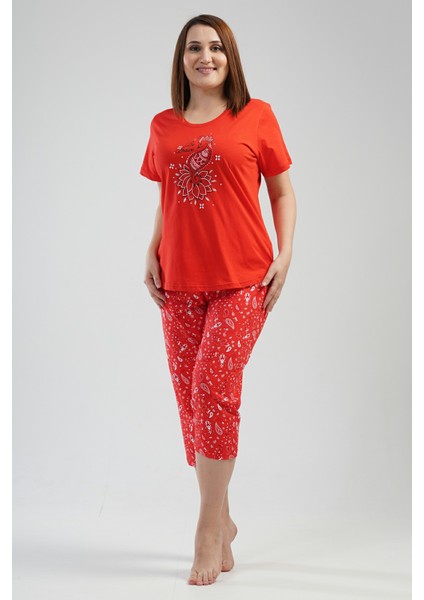 Pamuklu Kadın Büyük Beden Kısa Kol Kaprili Pijama Takım