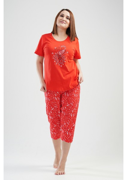 Pamuklu Kadın Büyük Beden Kısa Kol Kaprili Pijama Takım modelleri