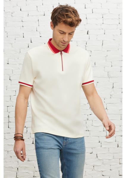 AC&Co / Altınyıldız Classics Erkek Ekru Bordo Regular Fit Rahat Kesim Polo Yaka %100 Pamuk Tişört