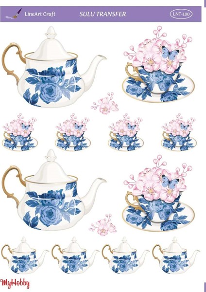 Çaydanlık, Fincan, Mavi, Pembe, Çiçekli Sulu Transfer LNT-100 25X35