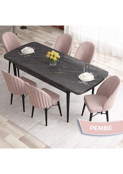 Elf Serisi 80X132 Açılabilir Siyah Mermer Desen Mutfak Masa Takımı 6 Sandalye Gold Halkalı
