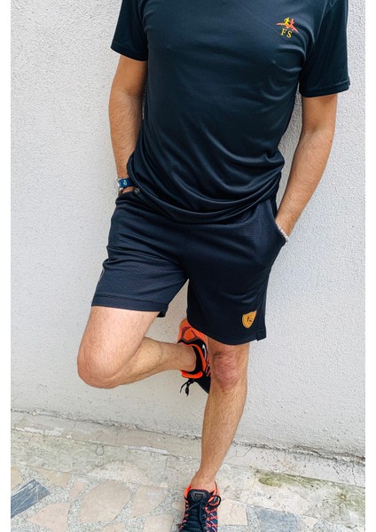 Erkek Siyah Spor Fitness Şortu Gri Baskılı
