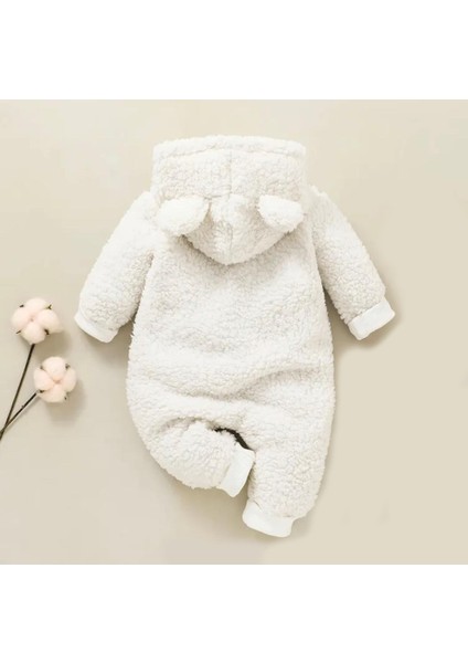 Kışlık Tatlı Kapşonlu Bebek Peluş Welsoft Tulum Beyaz