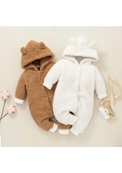 Kışlık Tatlı Kapşonlu Bebek Peluş Welsoft Tulum Beyaz modelleri