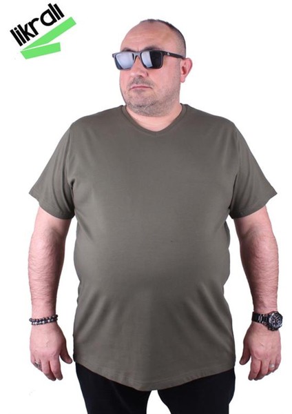Erkek Büyük Beden Likralı Basic V Yaka Tişört 11170 Hakı fiyatları