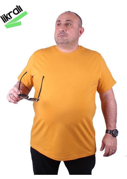 Erkek Büyük Beden Likralı Basic Sıfır Yaka Tişört 11160 Hardal fiyatları
