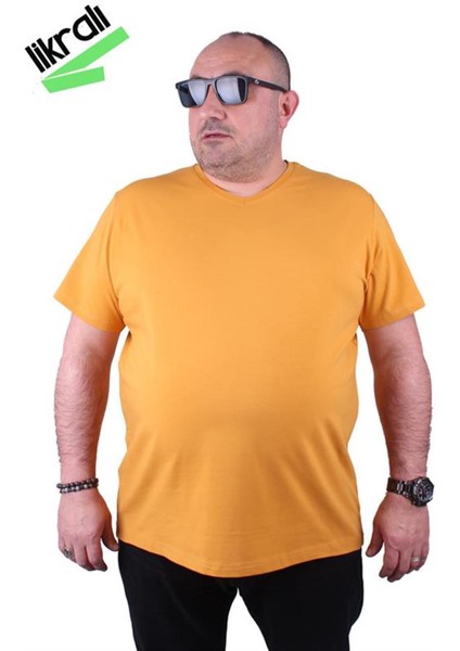 Erkek Büyük Beden Likralı Basic V Yaka Tişört 11170 Hardal fiyatları
