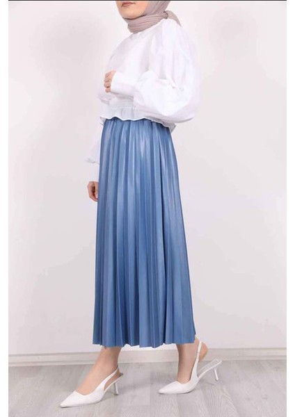 Deri Görünümlü Pliseli Etek , Özel Gün Parlak Etek, Tesettür Etek