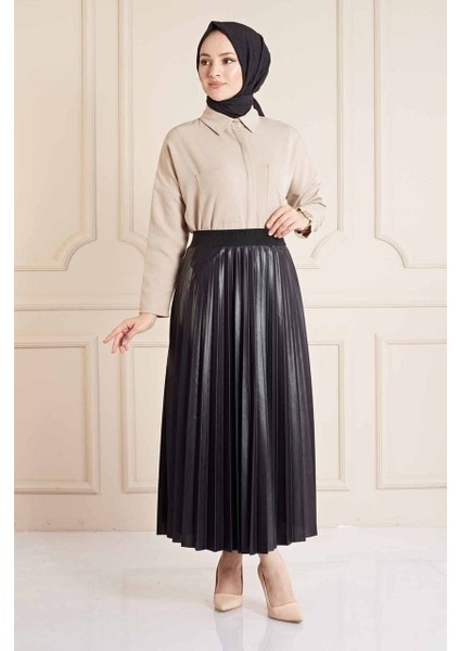 Deri Görünümlü Pliseli Etek , Özel Gün Parlak Etek, Tesettür Etek