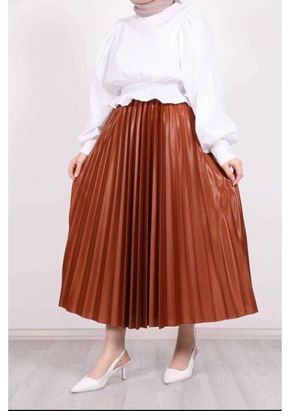 Deri Görünümlü Pliseli Etek , Özel Gün Parlak Etek, Tesettür Etek