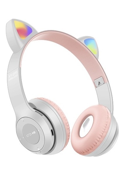 Kablosuz Bluetooth Kulaküstü Kedili P47M Kulaklık Rgb Işıklı Kedi Desenli Kulaklık Beyaz P47M