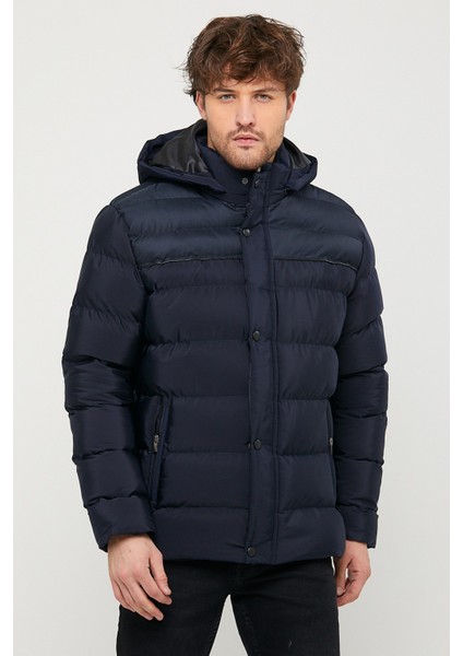 Erkek Kapüşonlu Lacivert Su ve Rüzgar Geçirmez Regular Şişme Kaban&mont