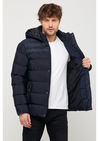 Erkek Kapüşonlu Lacivert Su ve Rüzgar Geçirmez Regular Şişme Kaban&mont indirimleri