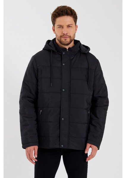 Erkek Siyah Çıkarılabilir Kapüşonlu Iç Cepli Içi Kürkü Yıkanabilir Kapütone Mont&kaban