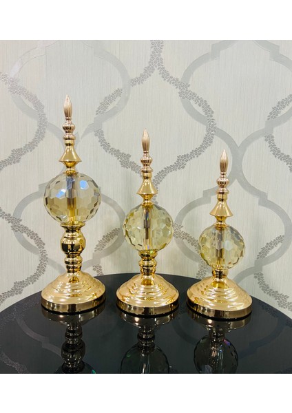 Dekoratif Kesme Cam Küre Gold Üçlü Obje