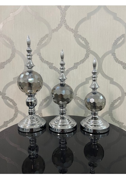 Dekoratif Kesme Cam Küre Gümüş Üçlü Obje