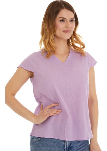 Şile Bezi Kısa Kol Lila Bağlama Detaylı Bluz indirimleri