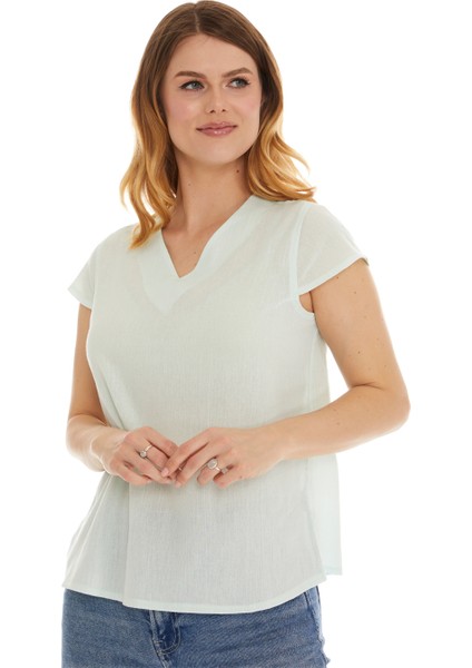 Şile Bezi Kısa Kol Su Yeşili Bağlama Detaylı Bluz fırsatları