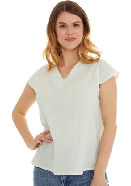 Şile Bezi Kısa Kol Su Yeşili Bağlama Detaylı Bluz indirimleri