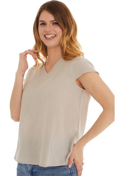 Şile Bezi Kısa Kol Taş Bağlama Detaylı Bluz fırsatları