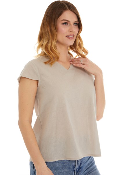 Şile Bezi Kısa Kol Taş Bağlama Detaylı Bluz indirimleri