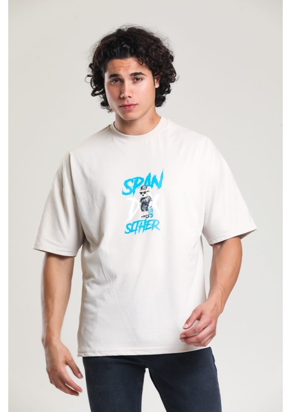 Krem Rengi Baskılı Oversize T-Shirt