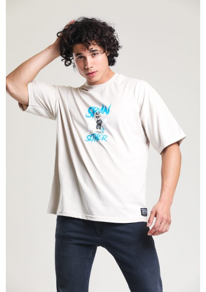 Krem Rengi Baskılı Oversize T-Shirt modelleri