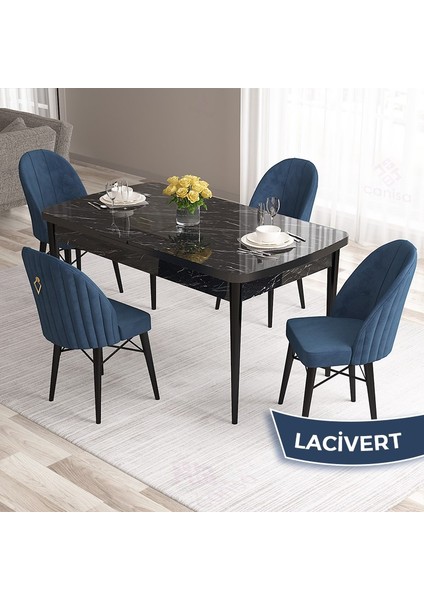 Concept Roz Serisi 80X132 Mdf Açılabilir Siyah Mermer Desen Mutfak Masası Takımı 4 Sandalye Gold Halkalı