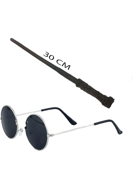 Harry Potter Asası 30 cm ve Siyah Metal Çerçeveli Harry Potter Gözlüğü Seti (Lisinya)
