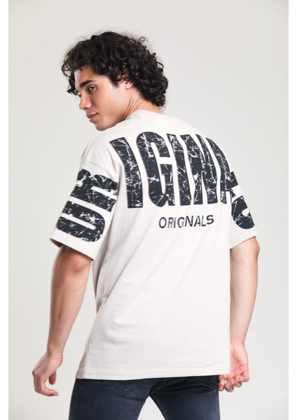 Krem Rengi Baskılı Oversize T-Shirt