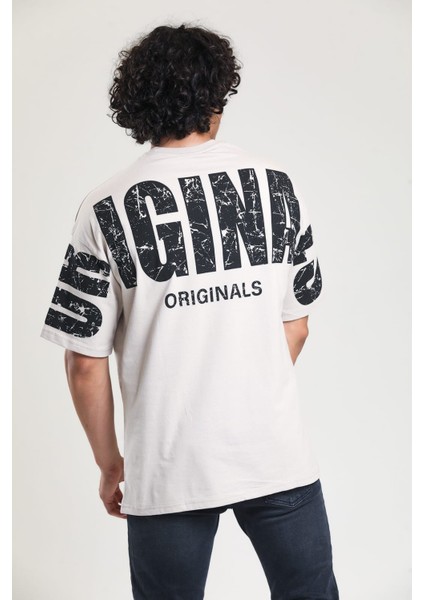 Krem Rengi Baskılı Oversize T-Shirt modelleri