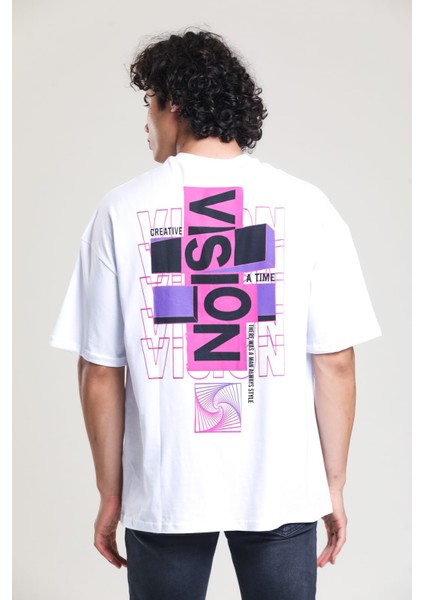 Beyaz Baskılı Oversize T-Shirt