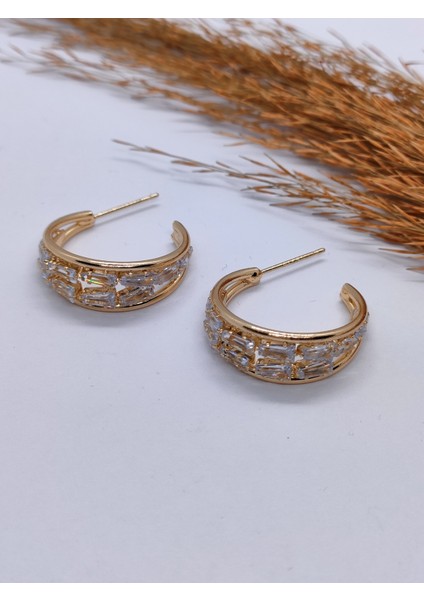 Gold Renk Taşlı Halka Küpe