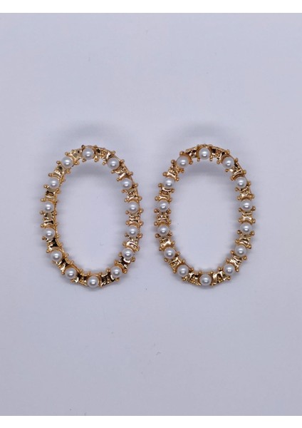 Gold Renk İncili Oval Küpe