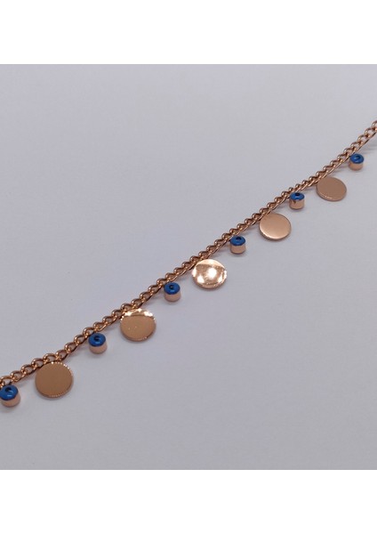 Rose Gold Renk Nazar Boncuklu ve Metal Plaka Detaylı Halhal