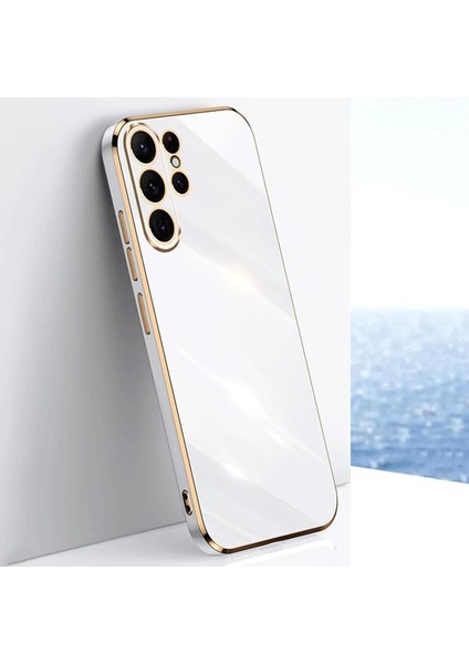 Samsung Galaxy S23 Ultra Uyumlu Kılıf Kamera Korumalı Parlak Gold Kenarlı Yumuşak Silikon Kapak Bark Beyaz fiyatları