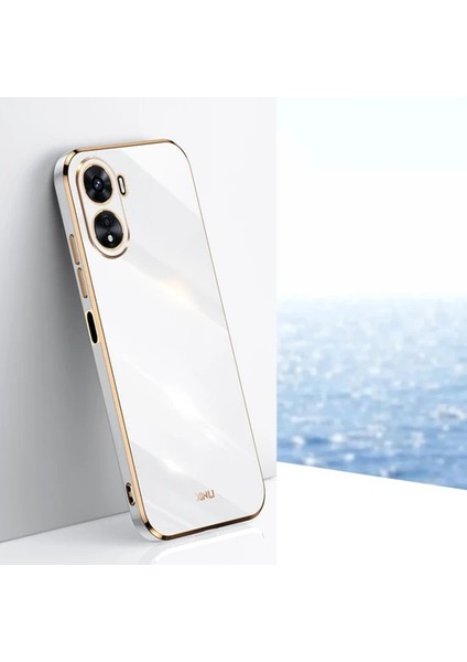 Case 4U Vivo Y16 Kılıf Kamera Korumalı Parlak Gold Kenarlı Yumuşak Silikon Kapak Bark Beyaz