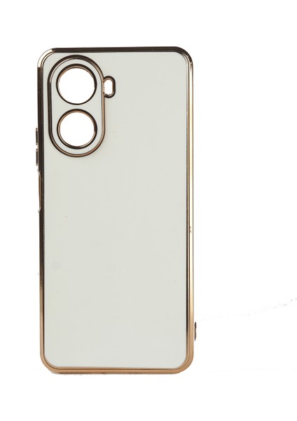 Case 4U Vivo Y16 Kılıf Kamera Korumalı Parlak Gold Kenarlı Yumuşak Silikon Kapak Bark Beyaz