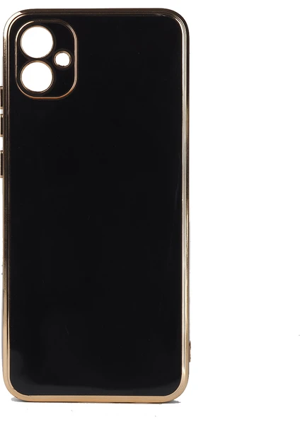 Case 4U Samsung Galaxy A04E Uyumlu Kılıf Kamera Korumalı Parlak Gold Kenarlı Yumuşak Silikon Kapak Bark Siyah