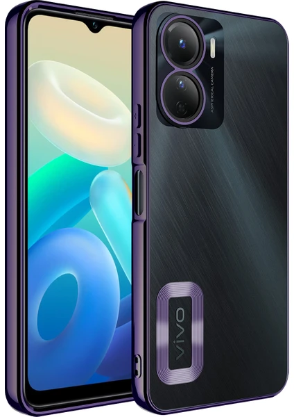 Case 4U Vivo Y16 Kılıf Kamera Lens Korumalı Şeffaf Renkli Logo Gösteren Parlak Yumuşak Kapak Omega Derin Mor