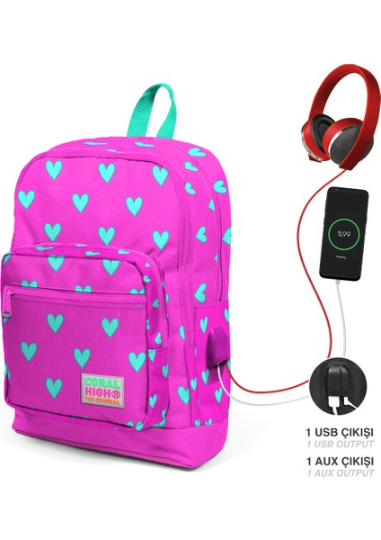 Coral High Kids Neon Pembe Su Yeşili Kalp Desenli Dört Bölmeli USB Şarjlı Kulaklık Çıkışlı Okul Sırt Çantası 23277