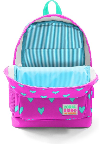 Coral High Kids Neon Pembe Su Yeşili Kalp Desenli Dört Bölmeli USB Şarjlı Kulaklık Çıkışlı Okul Sırt Çantası 23277 modelleri