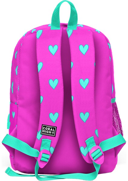 Coral High Kids Neon Pembe Su Yeşili Kalp Desenli Dört Bölmeli USB Şarjlı Kulaklık Çıkışlı Okul Sırt Çantası 23277 fırsatları