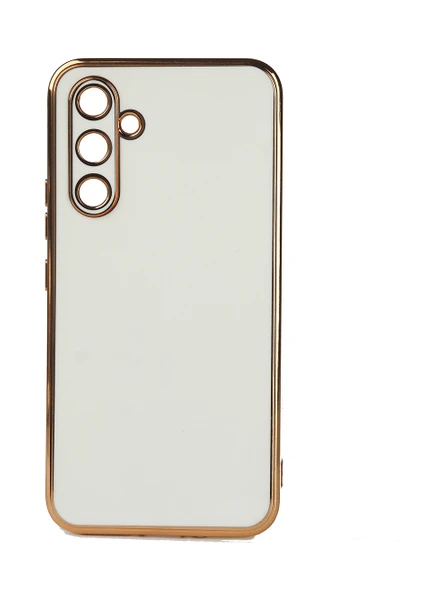 Case 4U Samsung Galaxy A14 Uyumlu Kılıf Kamera Korumalı Parlak Gold Kenarlı Yumuşak Silikon Kapak Bark Beyaz