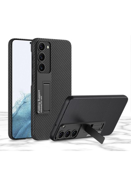 Samsung Galaxy S23 Plus Uyumlu Kılıf Kamera Korumalı Karbon Fiber Deri Görünümlü Kıpta Standlı Kapak Koyu Mor Siyah Karbon indirimleri