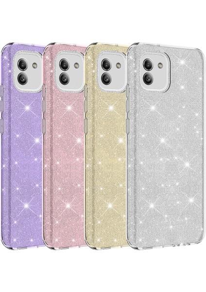 Case 4U Samsung Galaxy A03 Kılıf Çift Katmanlı Simli Shining Silikon Arka Kapak Gümüş