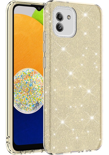 Samsung Galaxy A03 Kılıf Çift Katmanlı Simli Shining Silikon Arka Kapak Altın