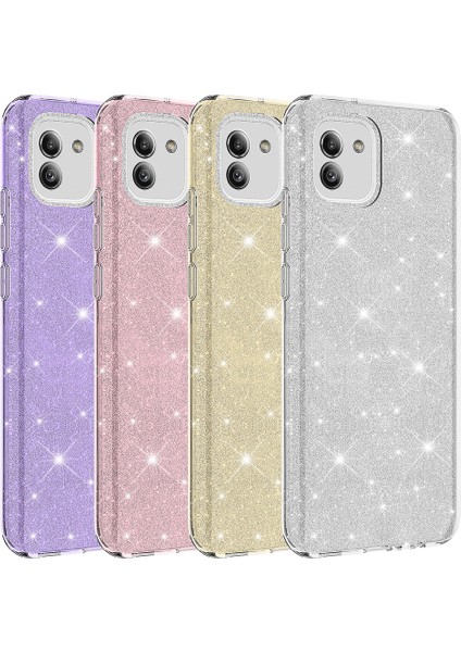 Samsung Galaxy A03 Kılıf Çift Katmanlı Simli Shining Silikon Arka Kapak Altın